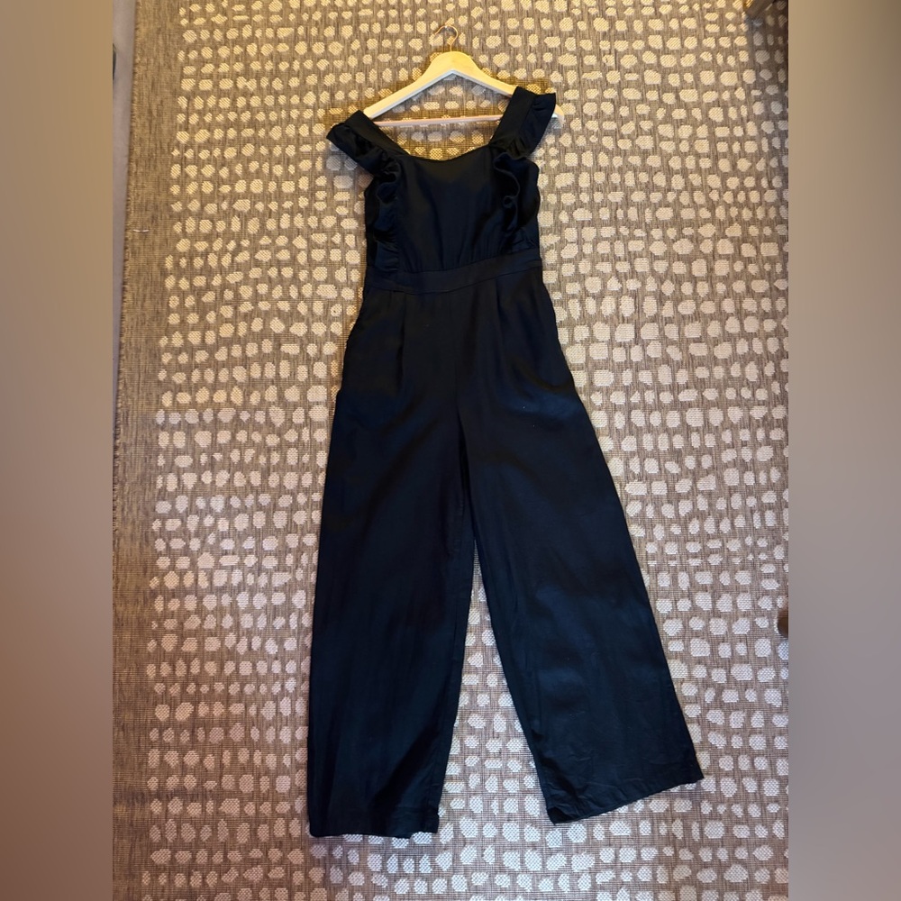 Who What Wear Black Linen Blend Wide Leg Jumpsuit Tie Back Coastal Chic